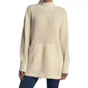 RDI Mock Neck Kangaroo Pocket Ribbed Tunic Sweater In Cream XL A003588